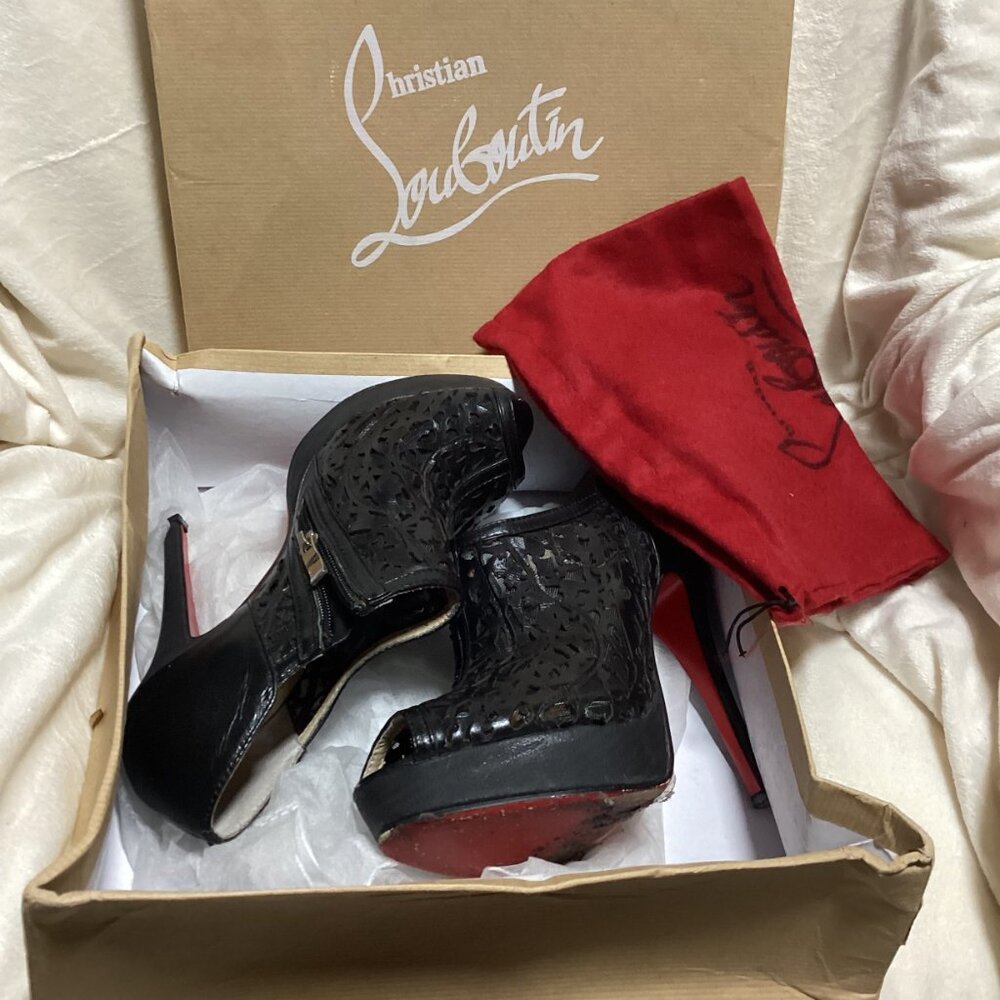 Christian Louboutin Paris Floral Leather and Mesh Bootie Heels